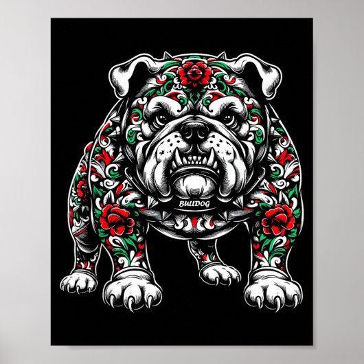 Bulldog Floral Red Rose Mens Womens Poster (Voorkant)