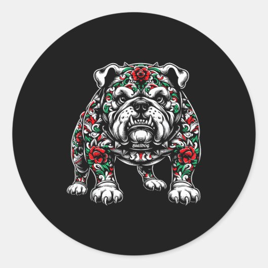 Bulldog Floral Red Rose Mens Womens Ronde Sticker (Voorkant)