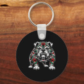 Bulldog Floral Red Rose Mens Womens  Sleutelhanger (Voorkant)