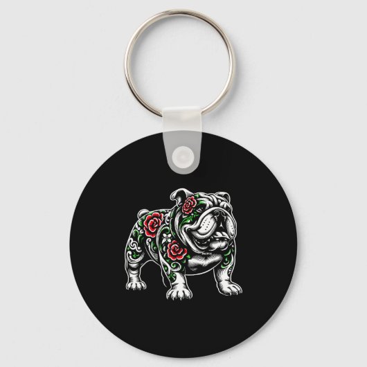 Bulldog Floral Red Rose Mens Womens  Sleutelhanger (Voorkant)