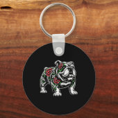 Bulldog Floral Red Rose Mens Womens  Sleutelhanger (Voorkant)