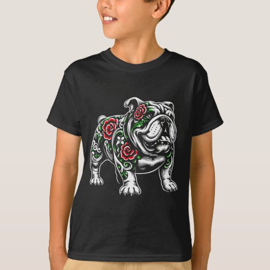 Bulldog Floral Red Rose Mens Womens  T-shirt (Voorkant)