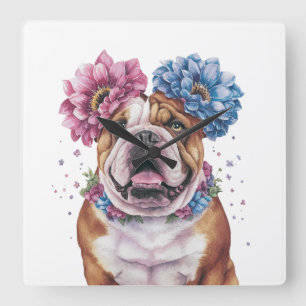 Bulldog Flower Crown Waterverf Print Vierkante Klok