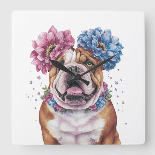 Bulldog Flower Crown Waterverf Print Vierkante Klok (Voorkant)