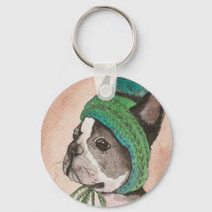 Bulldog Frances con gorro de lana Sleutelhanger