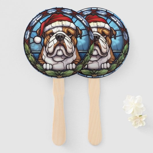 Bulldog Gebrandschilderd Glas Kerstmis Handwaaier (Voorkant en achterkant)
