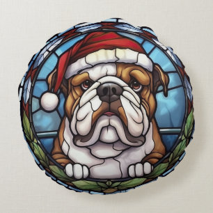 Bulldog Gebrandschilderd Glas Kerstmis Rond Kussen