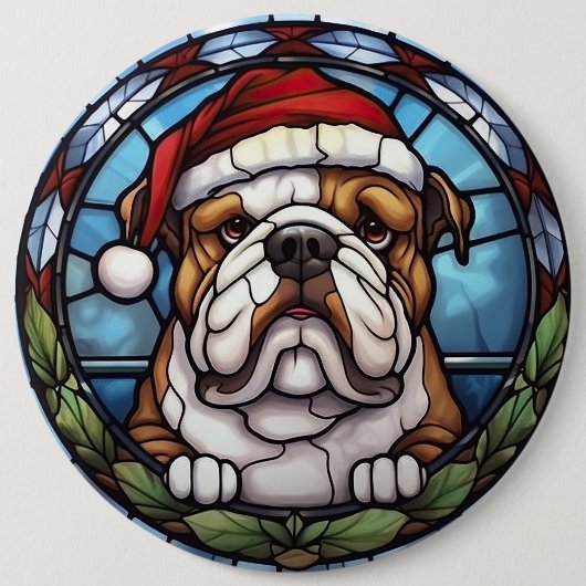 Bulldog Gebrandschilderd Glas Kerstmis Ronde Button 6,0 Cm (Voorkant)