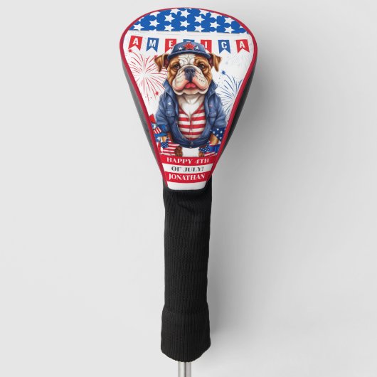 Bulldog Gelukkig 4th van juli Amerika Onafhankelij Golfheadcover (Voorkant)