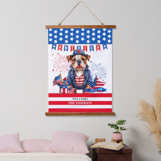 Bulldog Gelukkig 4th van juli Amerika Onafhankelij Hangend Wandkleed (Slaapkamer)