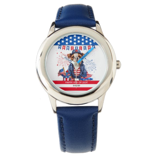 Bulldog Gelukkig 4th van juli Amerika Onafhankelij Horloge (Voorkant)