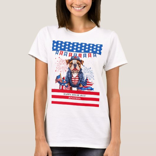 Bulldog Gelukkig 4th van juli Amerika Onafhankelij T-shirt (Voorkant)