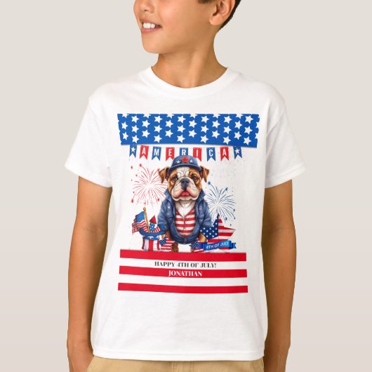 Bulldog Gelukkig 4th van juli Amerika Onafhankelij T-shirt (Voorkant)