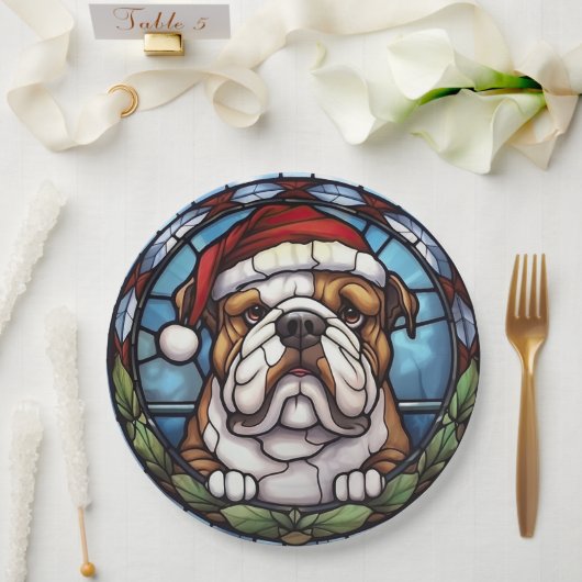 Bulldog Glas in lood Kerst Papieren Bordje (Huwelijk)