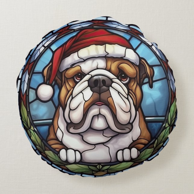 Bulldog Glas in lood Kerst Rond Kussen (Achterkant)