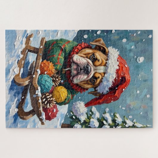 Bulldog Grumpy Rider in Christmas Sled Hat Legpuzzel (Horizontaal)