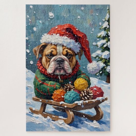Bulldog Grumpy Rider in Christmas Sled Hat Legpuzzel (Verticaal)