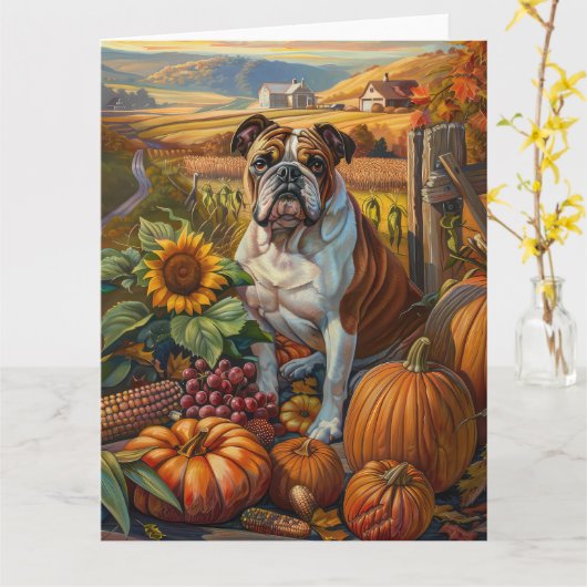 Bulldog Herfst Oogst Thanksgiving Kaart (Gele Bloem)