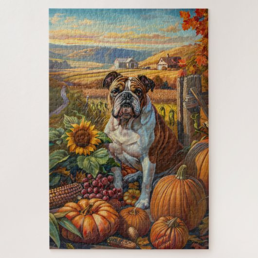 Bulldog Herfst Oogst Thanksgiving Legpuzzel (Verticaal)