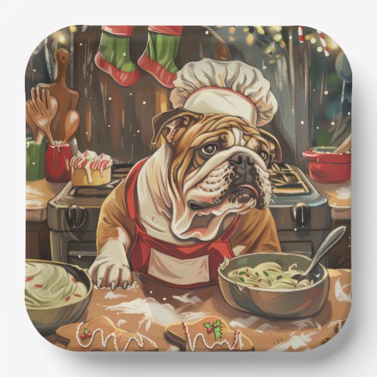 Bulldog Holiday Bakken: Feestelijke Kerstmis Papieren Bordje (Voorkant)
