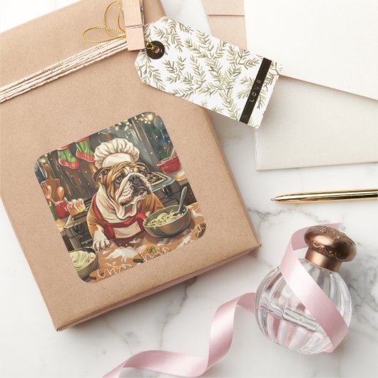 Bulldog Holiday Bakken: Feestelijke Kerstmis Vierkante Sticker (Geschenken)