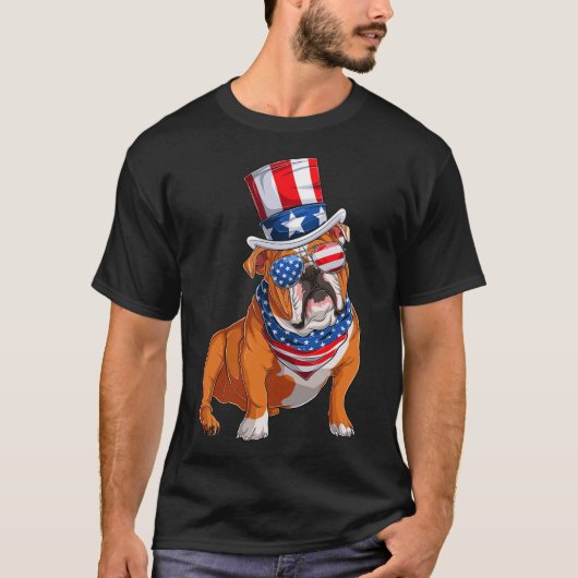 Bulldog hond 4 juli Amerikaanse vlag T-shirt (Voorkant)