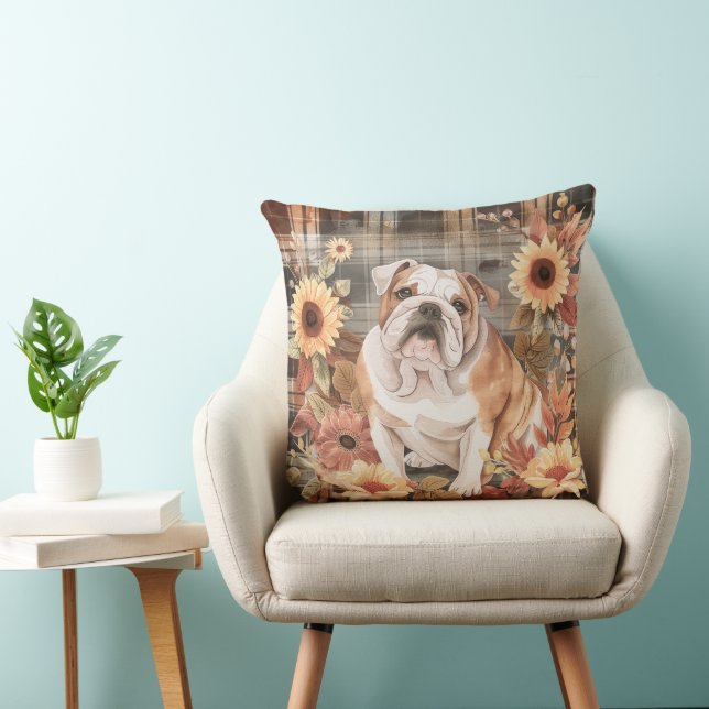Bulldog Hond Fall Waterverf Bloemen Kussen (Stoel)