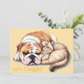 Bulldog Hond Kat Laat Ons Knuffelen Hartjes Kerstk Feestdagenkaart (Staand voorkant)
