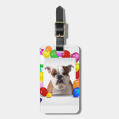 Bulldog hond met kleurrijke ballonnen Verjaardagst Bagagelabel (Voorkant verticaal)