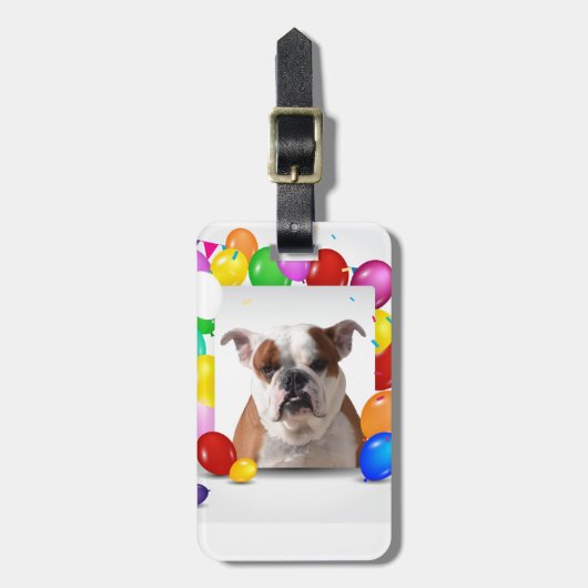 Bulldog hond met kleurrijke ballonnen Verjaardagst Bagagelabel (Voorkant verticaal)