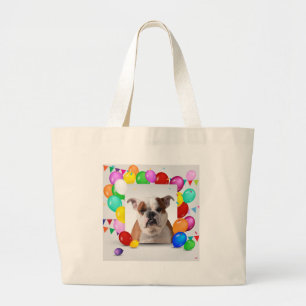 Bulldog hond met kleurrijke ballonnen Verjaardagst Grote Tote Bag