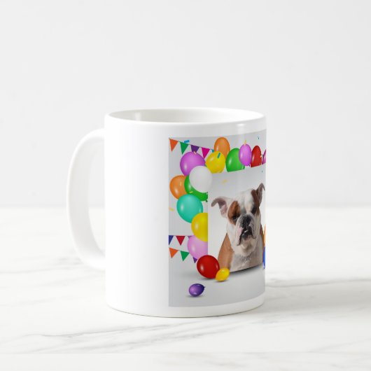 Bulldog hond met kleurrijke ballonnen Verjaardagst Koffiemok (Voorkant links)