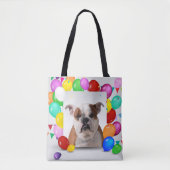 Bulldog hond met kleurrijke ballonnen Verjaardagst Tote Bag (Voorkant)