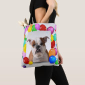 Bulldog hond met kleurrijke ballonnen Verjaardagst Tote Bag (Dichtbij)