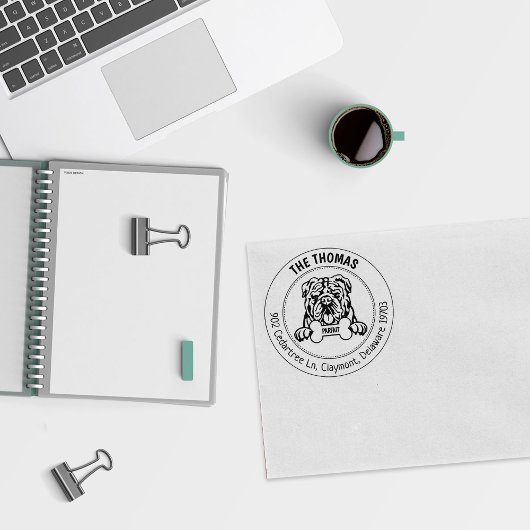 Bulldog hond retour adres familie rubberstempel