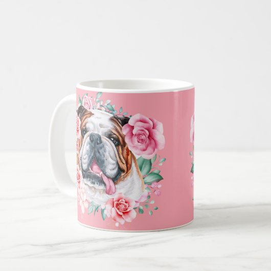 Bulldog illustratie waterverf roos florale kunst koffiemok (Voorkant links)