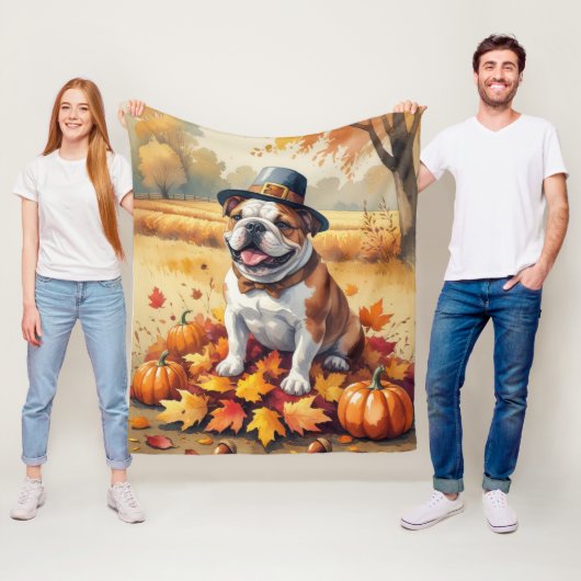 Bulldog in de herfst verlaat Thanksgiving kunst Fleece Deken (In situ)