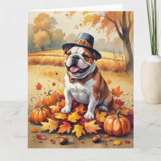 Bulldog in de herfst verlaat Thanksgiving kunst Kaart (Voorkant)