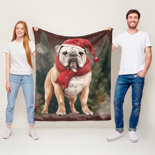 Bulldog in de Sneeuw Kerstmis Fleece Deken (In situ)