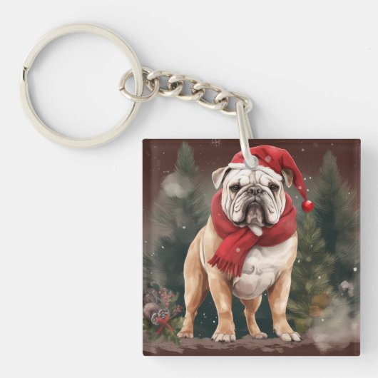 Bulldog in de Sneeuw Kerstmis Sleutelhanger (Voorkant)