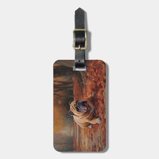 Bulldog in herfst laat Herfst inspireren Bagagelabel (Voorkant verticaal)