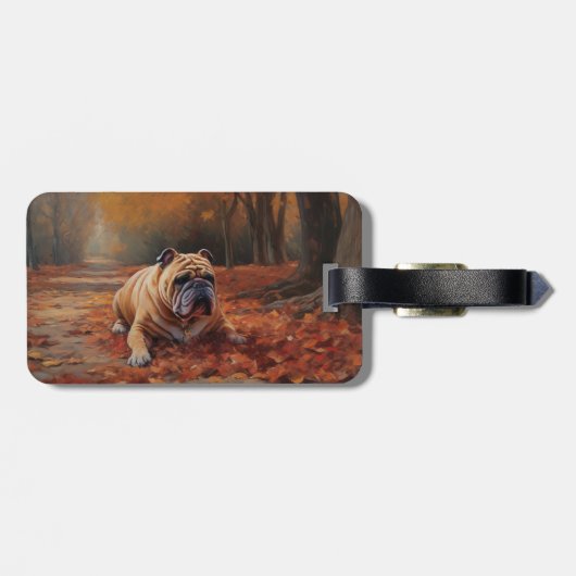 Bulldog in herfst laat Herfst inspireren Bagagelabel (Achterkant horizontaal)