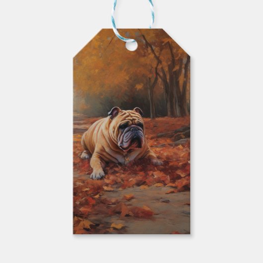 Bulldog in herfst laat Herfst inspireren Cadeaulabel (Voorkant)