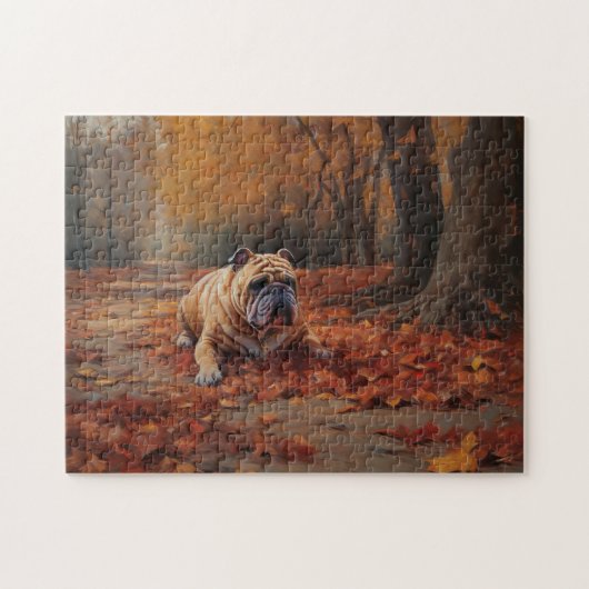 Bulldog in herfst laat Herfst inspireren Legpuzzel (Horizontaal)