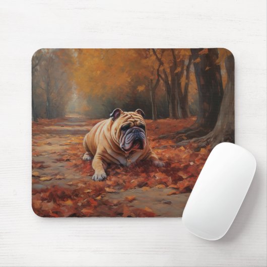 Bulldog in herfst laat Herfst inspireren Muismat (Met muis)