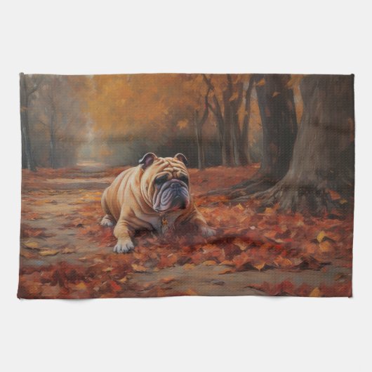Bulldog in herfst laat Herfst inspireren Theedoek (Horizontaal)