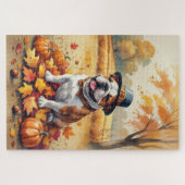 Bulldog in herfstbladeren Thanksgiving kunst Legpuzzel (Horizontaal)