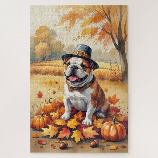 Bulldog in herfstbladeren Thanksgiving kunst Legpuzzel (Verticaal)