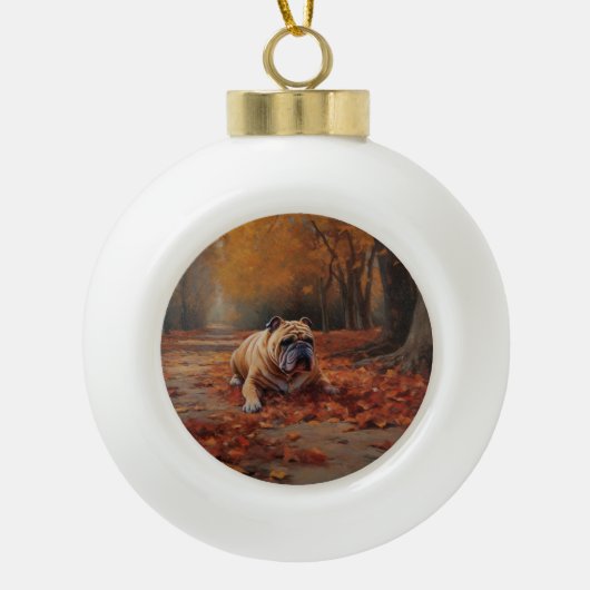 Bulldog in herfstbladeren val inspireert keramische bal ornament (Voorkant)