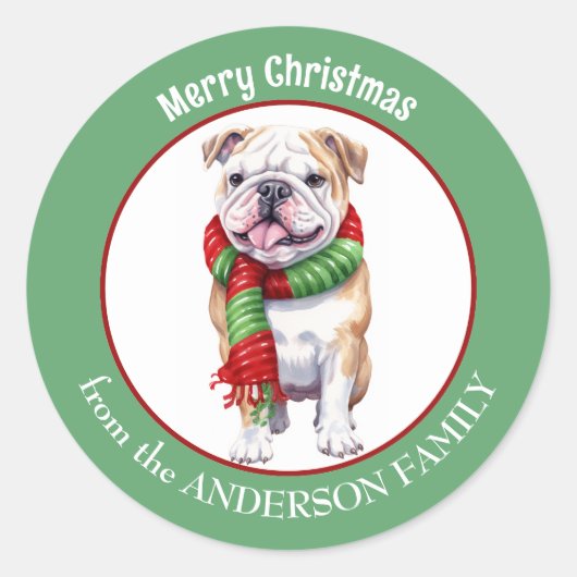 Bulldog in rode en groene kerstsjaal ronde sticker (Voorkant)